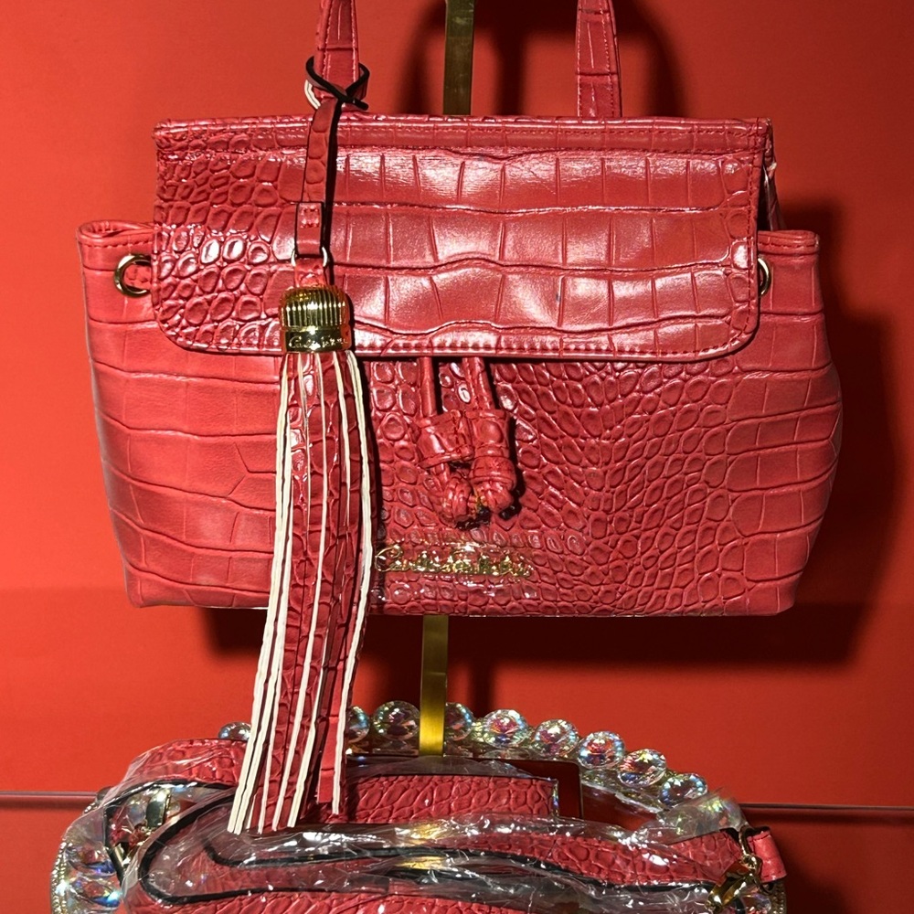 Carlos Falchi Red Croc-Embossed Leather Satchel with Tassel